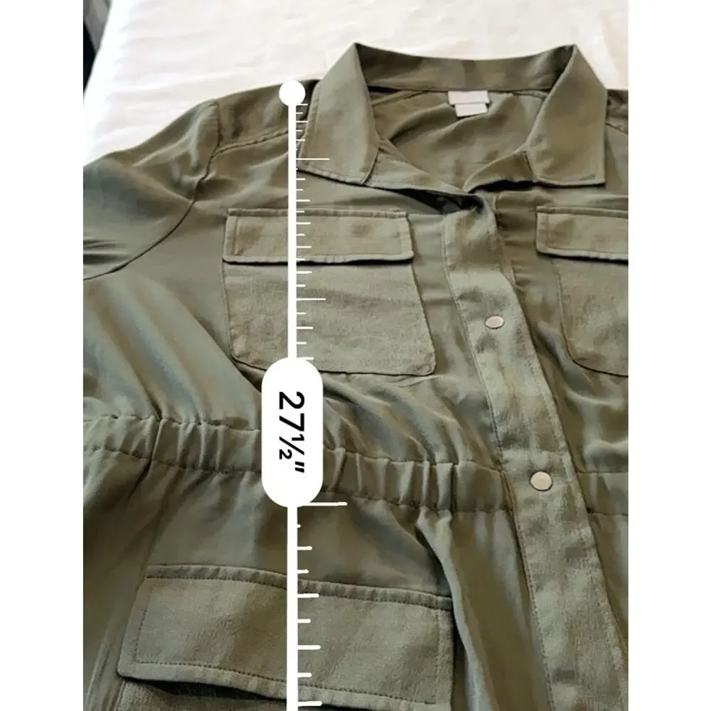 Chicos Semi Sheer Cargo Blouse 4 Front Pockets Olive Size 16 PETITE Snap Closure